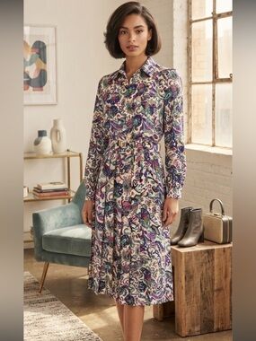 Vintage 80s Don Elliot Sport Floral Long-Sleeve Belted Midi Dress Sz 10 Pleated